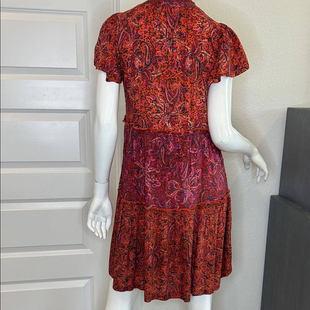 Paisley Tiered V-Neck Mini Dress in Red - Picture 5 of 12